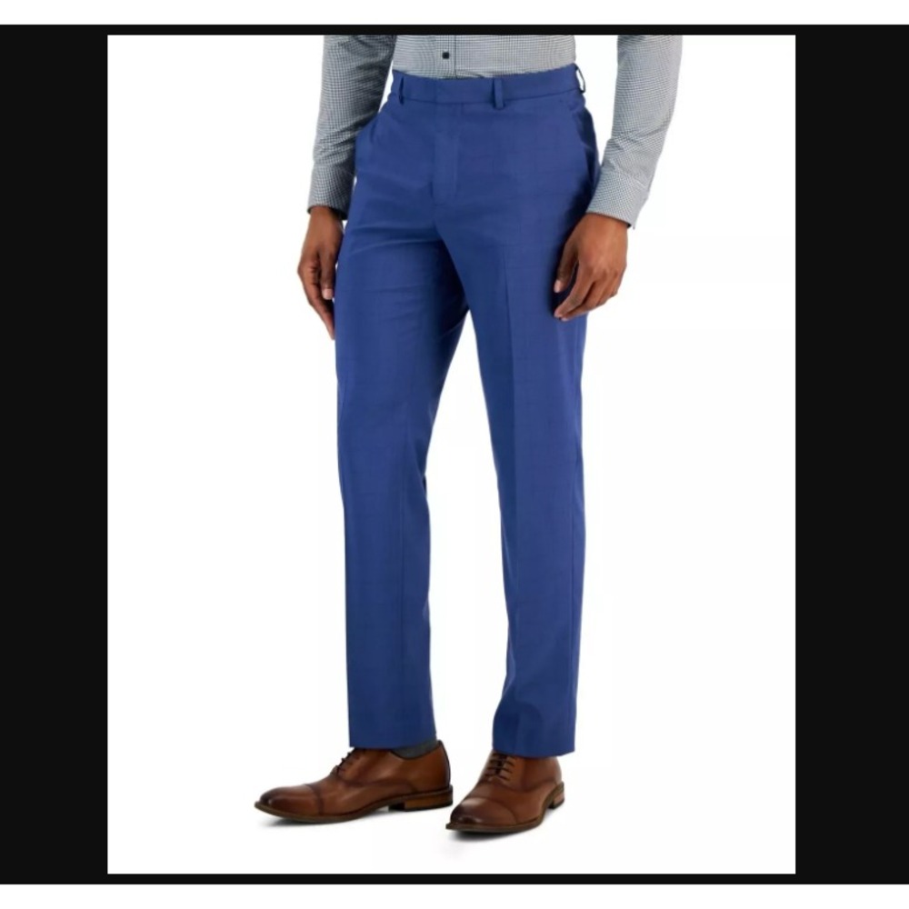 Perry Ellis NEW NWT Mens Slim-Fit Tonal Windowpane Dress Pants Golf Blue 36x32